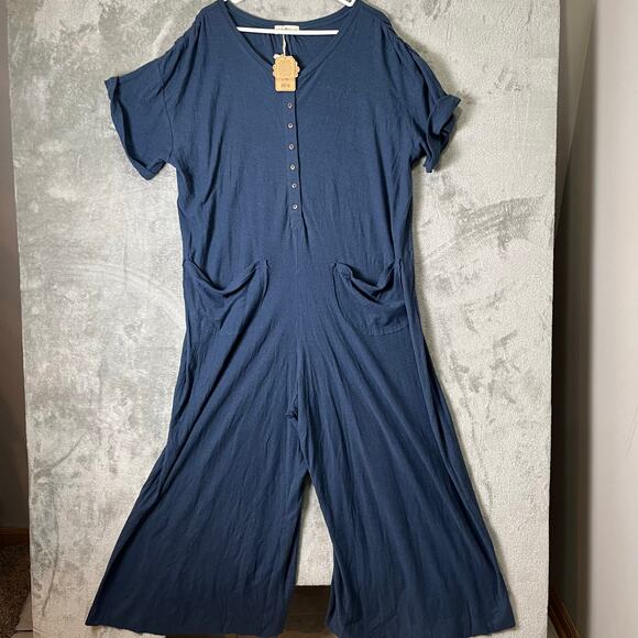 NATURAL LIFE Pants - Natural Life The Jenna Jumpsuit in Washed Navy Blue L/XL Linen Cotton Blend New